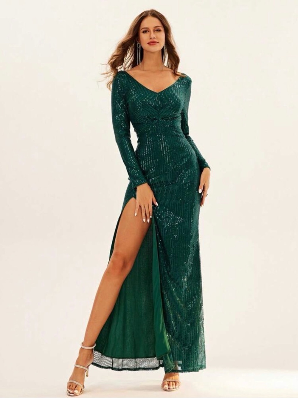 Emerald Green Sequin V-Neck Long Sleeve Evening Dress